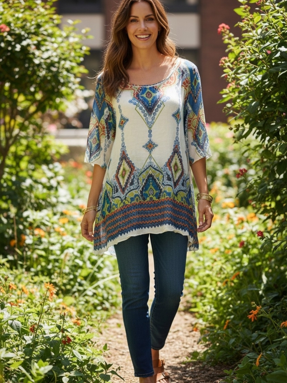 Pretty Ojai Cream & Multicolor Tribal Print Short Sleeve Tunic Size S GUC